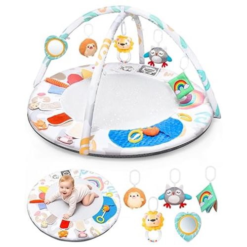 Montessori Baby Play Gym & Activity Mat for Brain Development (0-12Mo) | 5-Sensory Zones + 5 Toys |Portability Tummy Time Activity Mat Stage-Based for Newborn Brain Development Essential & Gift-Ready