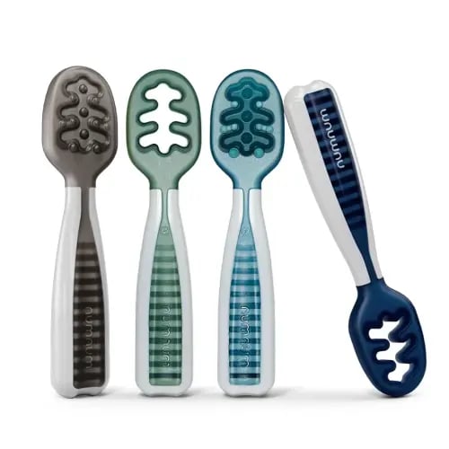 NumNum Baby Spoons Set, Baby Essentials Pre-Spoon GOOtensils for 6+ Months, First Stage Self-Feeding Spoons for Baby Led Weaning (BLW), Silicone Toddler Utensils, BPA-Free, 4 Pack Beach Picnic