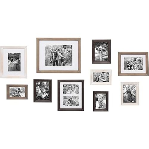 Kate and Laurel Bordeaux Gallery Wall Kit, Set of 10 with Assorted Size Frames in 3 Different Finishes - White Wash, Charcoal Gray, and Rustic Gray