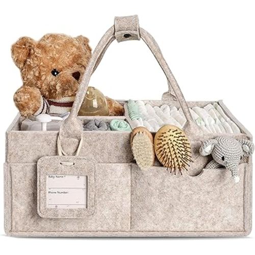 Baby Diaper Caddy Organizer with Handle, Newborn Baby Essentials Registry Search Must Haves, Shower Gift Basket Boy&Girl, Portable Diaper Storage Basket Bin, Car Caddy Organizer (Oatmeal, Large)