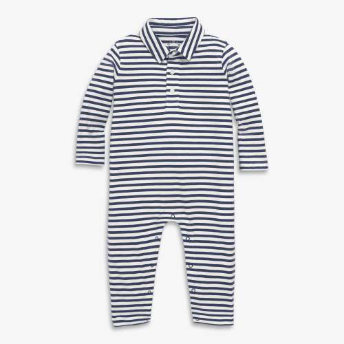 Baby long sleeve polo romper in mini stripe - Ivory / sunwashed navy stripe / 0-3