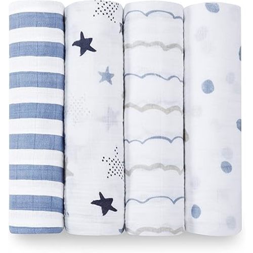 aden + anais Swaddle Blanket, Boutique Muslin Blankets for Girls & Boys, Baby Receiving Swaddles, Ideal Newborn & Infant Swaddling Set, Perfect Shower Gifts, 4 Pack, Rock Star