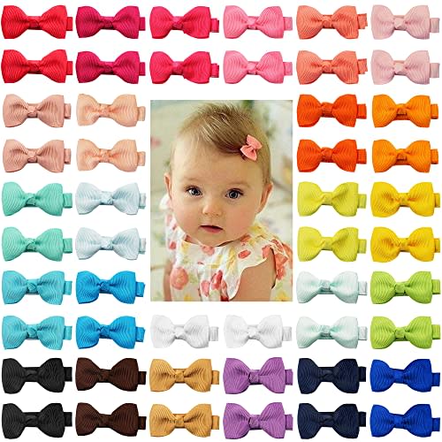 CLLOT Baby Hair Clips 50 Pieces 25 Colors in Pairs Baby Girls Fully Lined Bows Hair Pins Tiny 2" Hair Bows Alligator Clips for Girls Infants Toddlers