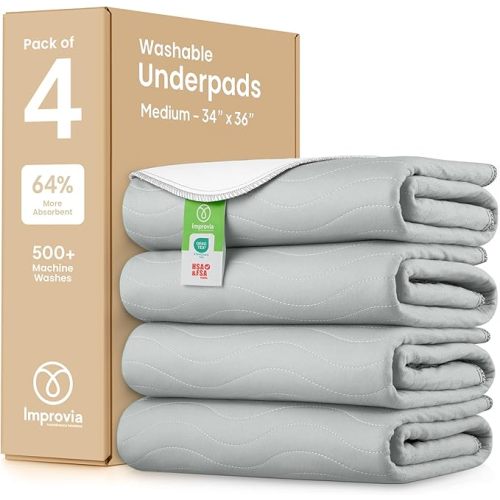 IMPROVIA® Washable Underpads, Heavy Absorbency Reusable Incontinence Pads for Kids, Adults, Elderly, and Pets, Waterproof Protection Floor (Gray, 34"x36" (Pack of 4))