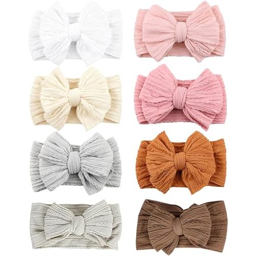 8 Pcs Baby Bows Headbands Soft Nylon Hairbands Super Elastic Headband Hair Accessories For Baby Girls Infant Toddler Essentials (8 Color-Green, Mid)