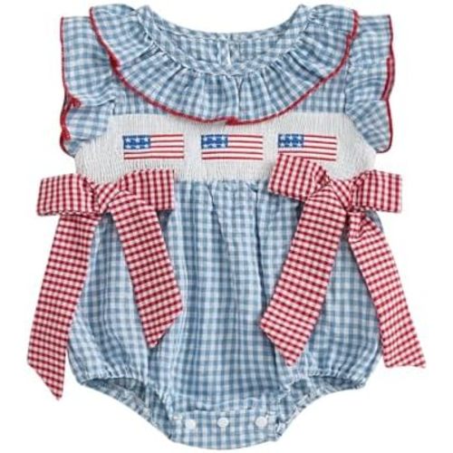 MAINESAKA Baby Girl Smocked Bubble Romper 4th Of July Clothes Sleeveless Bow Plaid Romper Jumpsuit Bodysuit Independence Day