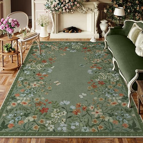 Wonnitar Washable Area Rug 6x9, Green Floral Living Room Rugs, Non-Slip Soft Dining Room Table Rug, Botanical Area Rug Floor Carpet for Mud Room Basement (Green,6'x9')