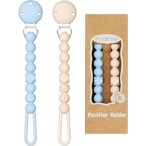 TYRY.HU Silicone Pacifier Holder Clip with One Piece Beads for Boys and Girls, Soft Flexible Rust-Free Binky Clips with Texture, Keeps Pacifier Clean, Safe for Newborn, Fits Most Pacifiers, 2 Pack