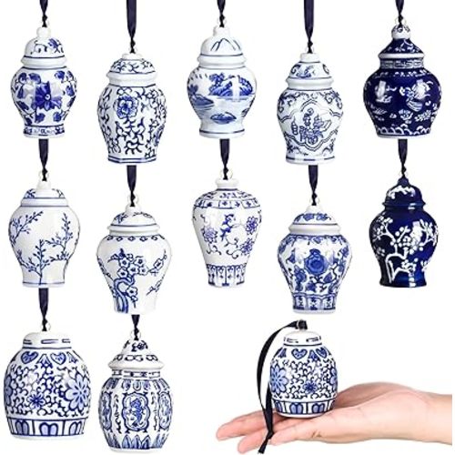 Christmas Chinoiserie Porcelain Ornament Chinoiserie Porcelain Christmas Vintage Decorations Mini Ginger Jar Ornaments Chinoiserie Decor Christmas Hanging Pendant for Tree (12, Vintage Style)