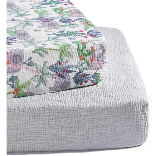 TILLYOU Muslin Crib Sheets for Boys and Girls 2 Pack, Neutral Soft Cotton Baby Crib Mattress Protector, for 52"x 28" Toddler Bed, Rainforest Elephant & Grey