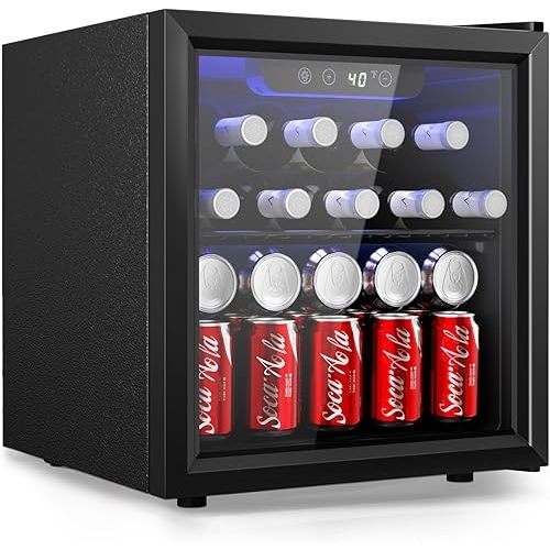 EUHOMY 48 Can Beverage Refrigerator cooler-Mini Fridge Glass Door for Beer Drinks Wines, Countertop Beverage Fridge with Adjustable Shelves Blue LED for Home/Office/Dorm/Bar, 1.3 cu.ft
