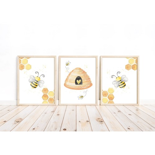 Bee Nursery Decor Print Set: Bumble Bee Kids Room Wall Art