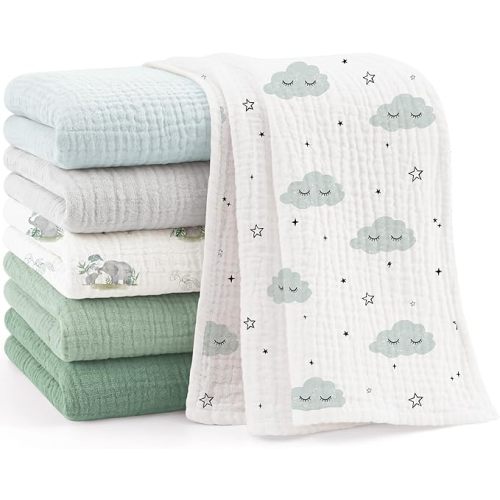 Bearmoss 6 Pack Muslin Burp Cloths for Baby, 100% Cotton Soft Large Burping Cloths for Unisex, Boy, Girl, 23.6" X 23.6" Newborn Essentials Absorbent Milk Spit Up Rags (Green Gray)