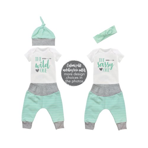 Wild Sassy Twins Matching Outfit Baby Coming Home Mint Stripes Girl Twin Set Miracles Twins Friends Newborn Infant Gift Set Baby Shower Gift