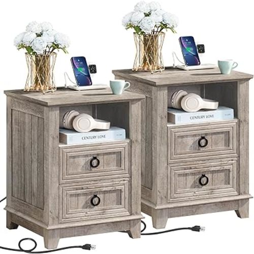 Farmhouse Oak Wooden Night Stands Set of 2, 18" Bedside Cabinet Nightstand Bed Side Table