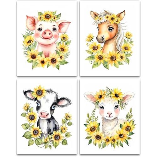 Farm Animals Nursery Wall Art Prints,Watercolor Farmhouse Baby Animal Sunflower Wall Decor,Pony Cow Lamb Pig Nursery Prints for Girls Boys Kids Room Decor Set of 4(8"x10"Unframed)