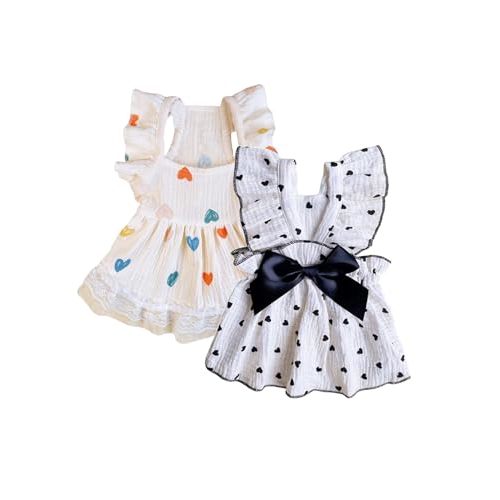 QWINEE 2pc Cute Heart Pattern Dog Dress Ruffle Trim Princess Dress Cat Vest Dress Lace Trim Summer Dress Pet Clothes for Small Medium Cats Dogs Kitten Puppy Black Multi Medium