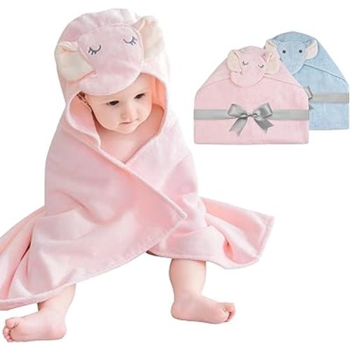 Mooreeke 2 Pack Baby Towels - 100% Cotton Baby Hooded Towels - Soft Baby Bath Towels with Hood for Newborn - Comfort Towels for Baby Girls and Boys - Animal Shaped Design (Elephants)