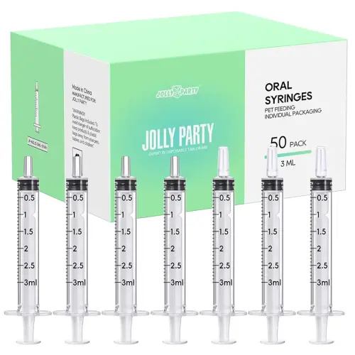 JOLLY PARTY 50 Pack 3ml Syringes with Caps, 3cc Syringe without Needle, Small Oral Syringe with Tip Cap Individually Wrapped for Scientific Labs, Liquid Measuring, Pet Feeding, Oil & Glue Dispenser