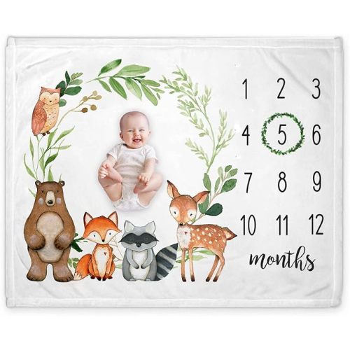 Yuzioey Baby Monthly Milestone Blanket Woodland, Forest Animals Baby Photo Blanket, Gift for New Moms Baby Shower, Watch Me Grow Baby Boy Greenery Woodland Nursery Décor, Includes Marker (50"x40")