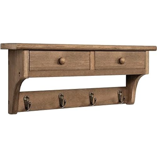 Emfogo Coat Hooks Mounted, Rustic Wood Coat Rack Mount Shelf with Hooks, Farmhouse Coat Rack with Shelf & Coat Hook for Entryway, Mudroom, Bedroom, Kitchen, Bathroom(Walnut)