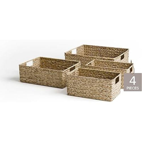 Water Hyacinth Storage Baskets - Set of 4 Woven Decorative Baskets, Multi-sized Organizers for Household Storage, Home Office, Pantry, Kitchen, Laundry and More, with Handles, Natural