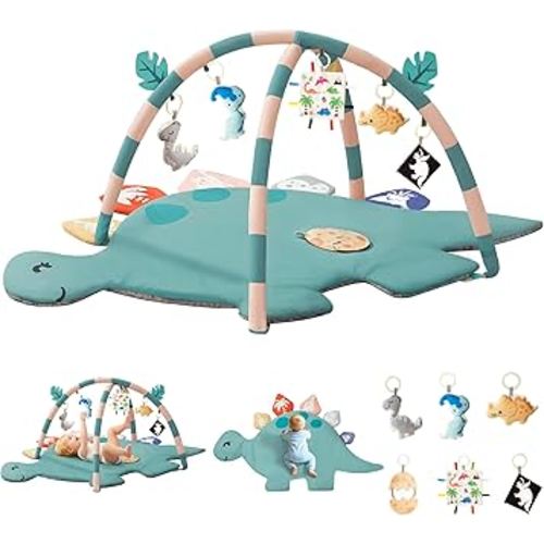 Baby Tummy Time Mat, Oversize Dinosaur Shaped Baby Play Gym Mat with 6 Toys, Play Mat for Babies 0-6-12 Months Promotes Motor Skills & Sensory Development, Newborn Essentials Infant Shower Gift