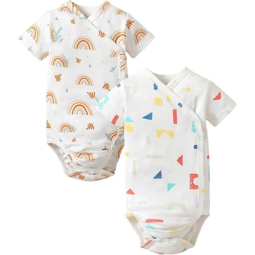 DEFAHN Baby Side Snap Bodysuit Kimono Onsies Newborn Boy Girl 3-Pack 100% Cotton Basic Pattern Kimono Bodysuits
