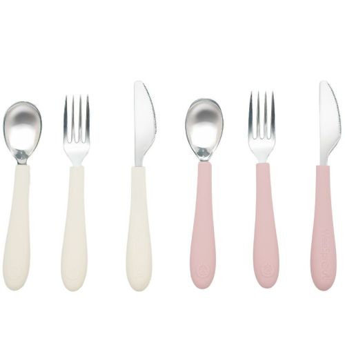 WeeSprout Kids Stainless Steel Utensils Set - Premium 18/8 Grade Silverware Kit - 2 Spoons, 2 Forks, 2 Knives - Matte Pink, Off White
