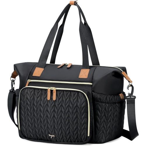 Travel Tote Bag for Women, Large Quilted Beach Bag with Zipper, Multi-Functional Work Tote, Canvas Shoulder Bag, Perfect for Travel, Gym, School, Work, and Everyday Use, Black