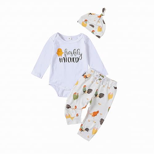 Omkzanbi Newborn Baby Girl Boy Clothes Freshly Hatched Bodysuit Onesie Farm Chick Long Pant Hat Cute Coming Home Outfit 0-18M