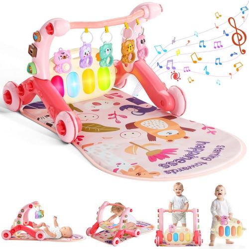 WonderStone 5-in-1 Baby Gym Play Mat & Learning Walker, Activity Center with Portable Light-up Piano Panel for Toddlers Ages 0-3, Pink