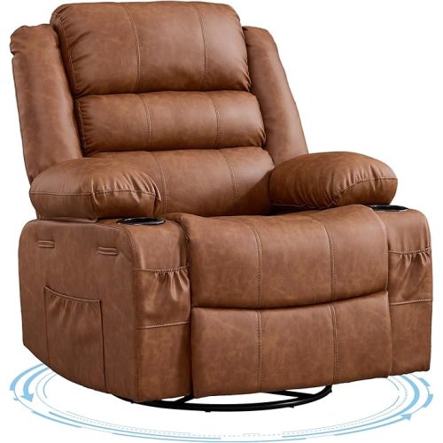 Rocking Recliner Chair for Adults PU Leather Wide 360° Swivel Rocker Recliner with Cup Holder Nursery Glider with Upholstered Deep Seat Lazy boy Chair for Living Room Brown