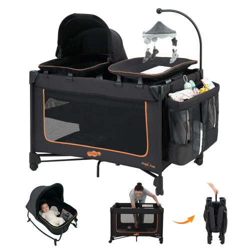 Pamo Babe Baby Playard, Magic Fold Bassinet and Changing Table, 4 Panels, Black