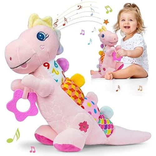 Baby Dino Plush Soft Stuffed Animal Toy for 0-3-6-12+ Months,Infant Musical Toy with Rattle,Squeaker,Sensory Crinkle,Teether & Textures,Tummy Time Toys Christmas Baby Gift for Newborn Girl(Pink)