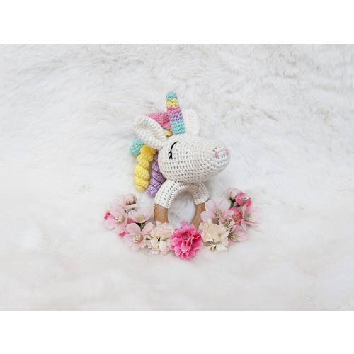 Handmade Crocheted Baby Rattle, Unicorn