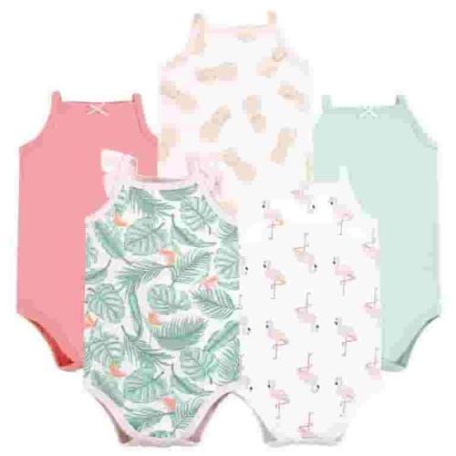 Hudson Baby Infant Girl Cotton Sleeveless Bodysuits, Palm Flamingo, 3-6 Months