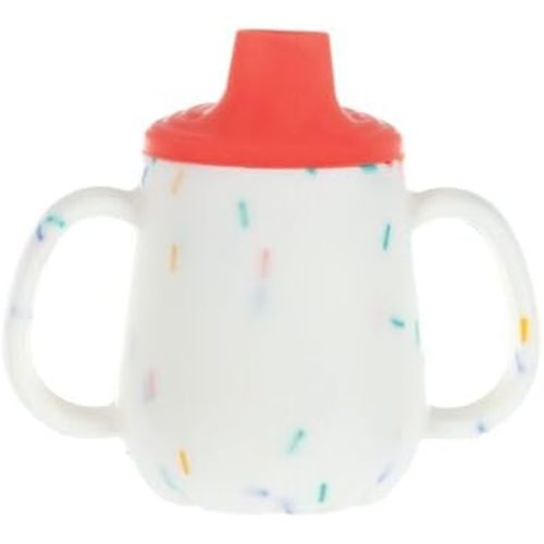 Nuby First Training Cup - Silicone Cup with Free-Flow Spout and Easy-Grip Design - 2 oz - 6+ Months - Coral and Sprinkles