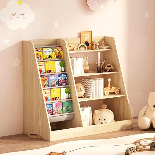 Natural Wood Kids Bookshelf, 4-Tier Toy & Book Storage Organizer with 5 Slings Bookcase for Toddler, Children, Fits Nursery, Bedroom, Classroom, Playroom