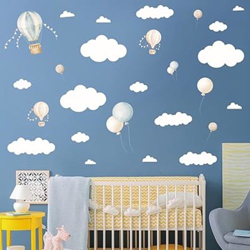 Cloud Balloon Wall Decals Big Colud and Colorful Hot Air Ballon Wall Decor Removable Wallpaper Wall Stickers for Kids Nursery Bedroom Living Room Décor