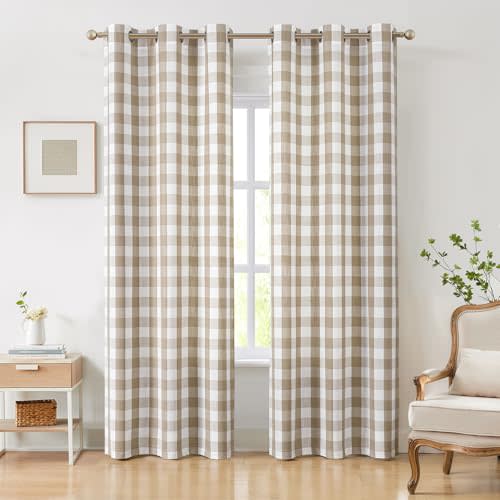 Buffalo Plaid Grommet Curtains 84 Inch Length, Tan Semi-Sheer Gingham Check Farmhouse Rustic Textured Curtains Drapery for Living Room Bedroom,2 Panels (40" x 84",Beige/Tan & White)