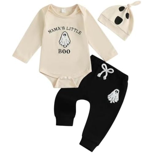 Newborn Baby Boy Halloween Outfit Mama's Little Boo Romper Ghost Embroidery Long Pants Hat 3Pcs Clothes Set
