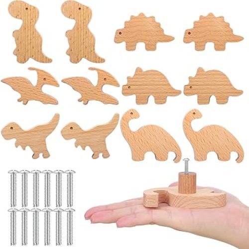 Qunclay Wooden Animal Cabinet Knobs Decorative Wood Dresser Knobs with Screws Dresser Pulls Wood Marine Woodland Animals Knobs Furniture Knobs Nursery Drawer Handles for Decor (Dinosaur,12 Sets)
