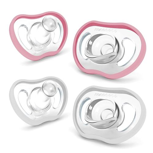 Nanobebe Active Baby Pacifiers 4-36 Months - Orthodontic, Lightweight and Vented, Curves Comfortably with Face Contour, 100% Silicone - BPA Free, Perfect Baby Registry Gift 4pk, White/Pink