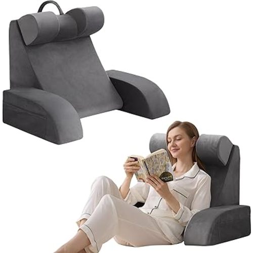 Velorose Reading Pillow for Sitting in Bed Adult, Back Pillow for Bed Sitting up, Backrest Pillow with Arms, Back Support Pillows for Gaming Lounging Watching TV, Medium 19" Grey