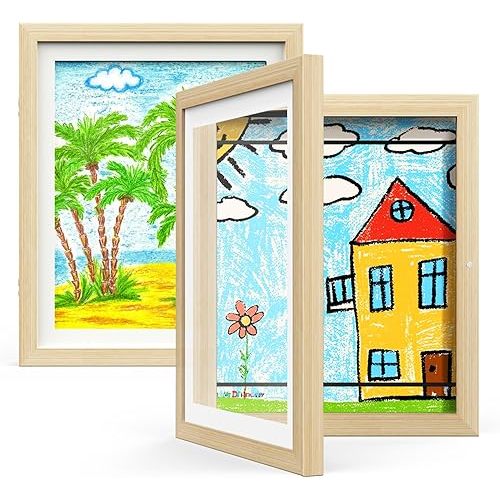 Hsypti Kids Art Frames, Kids Artwork Frames Changeable 8.5 x11 with Mat and 10 x12.5 Without Mat, Front Opening Holds 100 Drawings for Drawings, Artworks, Children Art Projects 2 Pack Woodgrain