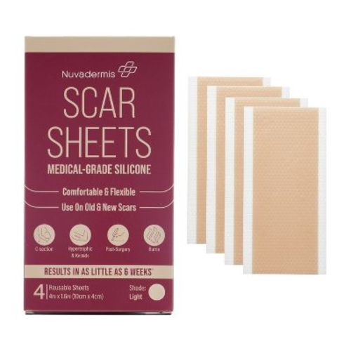 Nuvadermis Medical Grade Water Resistant Reusable Silicone Scar Sheets - Light Skin Tone - 4ct