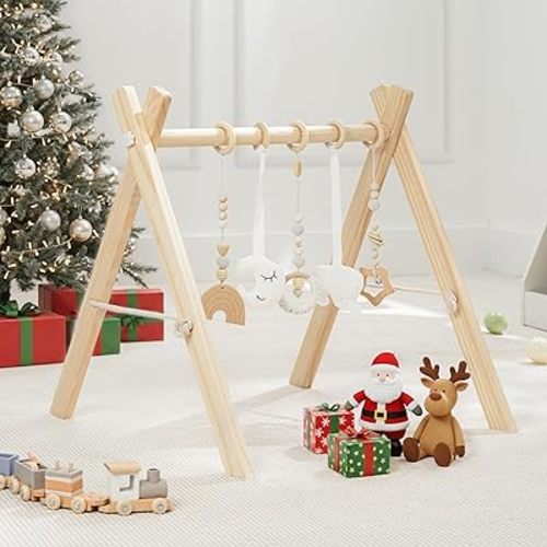 Comfy Cubs Wooden Baby Play Gym - Natural Finish Pinewood Baby Activity Gym with 5 Sensory Hanging Toys - Easy No-Tool Assembly, Safe and Durable for Infant Motor and Visual Development - Natural Wood