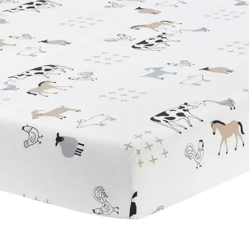Lambs & Ivy Baby Farm Animals 100% Cotton Fitted Crib Sheet - White