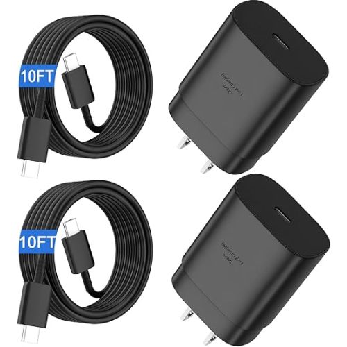 S25 S24 S23 S22 Ultra Samsung Charger Fast Charging,25W Android Phone Charger Cord Type C Block & Super Fast Charger USB C Cable 10Ft for Samsung Galaxy S25/S24/S23/S22/S21/S20/Plus/Ultra/FE,2 Pack